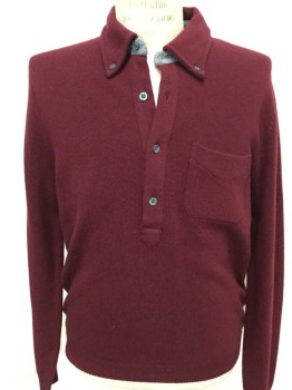 BROOKS BROTHERS, Wine Red, Wool, Solid, 4 Button Packet, Button Down Collar, 1 Patch Pocket