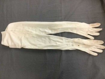 Womens, Gloves 1890s-1910s, White, Silk, Knit, 2 Snaps at Wrist, 3 Pin Tucks on Back of Hand, Long Length,