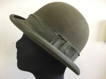 Mens, Bowler Hat 1890s-1910s, N/L, Olive Green, Wool, 21", Aged/Distressed Dusty, Double Bow
