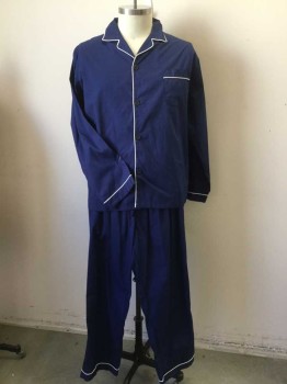 Mens, Sleepwear PJ Top, TONY & CANDICE, Navy Blue, White, Cotton, Solid, XL, Navy, Notched Lapel, Button Front, 1 Pocket.. Long Sleeves Cuffs with White Piping Trim, with Matching Pants