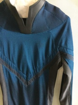 Womens, Sci-Fi/Fantasy Jumpsuit, MTO, Blue, Black, Gray, Spandex, Leather, Color Blocking, 62Grth, 36B, Long Sleeves, Mock Turtle Neck Leather,  Pique Texture, Looks Much Better On The Body, 1/4 Zipper Center Front, Multiples