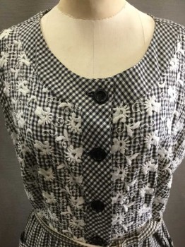 GREAT, Black, White, Cotton, Gingham, Floral, Sleeveless, Round Neck,  Shirtwaist, White Floral Embroidery On Top Half Of Dress, 2 Patch Pockets At Hips, Gathers At Waist, Hem At Knee, **W/Matching Self Fabric 3/4" Wide Belt, W/Self Fabric Covered Buckle