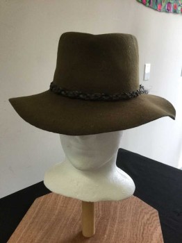 Mens, Cowboy Hat, Brown, Wool, Solid, 21.5", Brown Felt, Braided Horse Hair with Leather Hatband, Aged/Distressed,