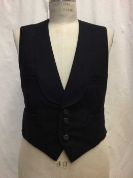 Mens, 1930s Vintage, Formal Vest, MTO, Navy Blue, Wool, Stripes - Shadow, 38, Vest - Shadow Stripe, Button Front, Shawl Lapel, 4 Buttons, 2 Pockets,