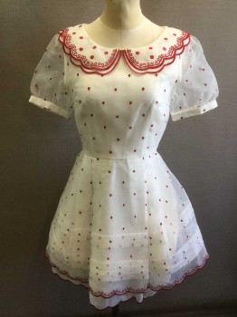 N/L, White, Red, Polyester, Cotton, Dots, Geometric, White Chiffon with Red Embroidered Dots, Opaque White Underlayer, Short Puffy Sheer Sleeves, Scoop Neck, Rounded Collar with Red Embroidered Scallopped Edges and Red Looped Detail Embroidery and Larger Dots, Pleats at Waist, Multiple Horizontal Pleats Near Hem, Scalloped Detail at Hem (Same As on Collar), A-Line Skirt, Hem Above Knee,  Invisible Zipper at Center Back, "Lolita" Inspired Look