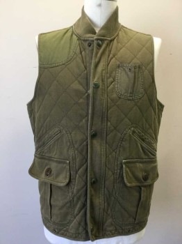 Mens, Wilderness Vest, POLO, Olive Green, Orange, Cotton, Polyester, Solid, L, Olive Corduroy Diamond Quilt W/bright Orange Diamond Quilt Lining, Army Green Patch on Upper Right Chest, Light Olive Knit Ribbed Collar Attached, Zip Front & Worn Out Metal Snap Front, Multi Pockets, Army Green Short Belt W/buckle Center Back