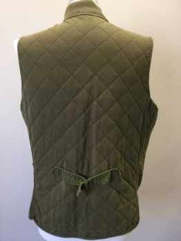 Mens, Wilderness Vest, POLO, Olive Green, Orange, Cotton, Polyester, Solid, L, Olive Corduroy Diamond Quilt W/bright Orange Diamond Quilt Lining, Army Green Patch on Upper Right Chest, Light Olive Knit Ribbed Collar Attached, Zip Front & Worn Out Metal Snap Front, Multi Pockets, Army Green Short Belt W/buckle Center Back