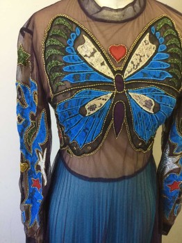 N/L, Purple, Turquoise Blue, Blue, Red, Gold, Synthetic, Top: Purple Mesh Over Lt Beige Mesh, L/S, Butterfly Appliqué and Embroidery, Red Heart Center, Band Collar, Button Loop Back, Button Loop Cuff, Floor Length Hem, Skirt: Pleated Turquoise Mesh with Purple Mesh Overlay, Sheer, Side Hidden Zipper