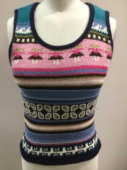 Womens, Vest, TAKE OUT, Pink, Blue, Brown, White, Navy Blue, Acrylic, Stripes - Horizontal , Human Figure, XS, Scoop Neck, Pullover, Peruvian Feeling Knit