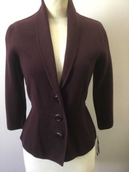 ALFANI, Dk Purple, Cotton, Nylon, Solid, Knit (Like a Cardigan), Shawl Collar, 3 Buttons, Peplum Waist, 3/4 Sleeves, No Lining