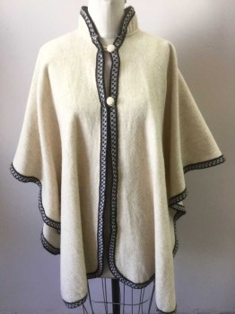 Womens, Poncho, N/L, Cream, Dk Brown, White, Wool, Solid, O/S, Solid Cream with Dark Brown and White 1" Trim at Edges and Center Front, Stand Collar, Self Covered Buttons with Loop Closures