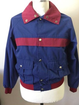 Mens, Jacket, 2ND LOOK, Navy Blue, Polyester, Cotton, Color Blocking, M, Burgundy Collar/Chest Flap, Burgundy Ribbed Knit Cuff/Waistband, Snap Front, 2 Snap Flap Pockets,