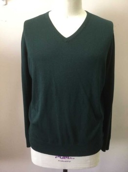 BANANA REPUBLIC, Forest Green, Silk, Cotton, Solid, Ribbed Knit V-neck/Cuff/Waistband