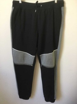 Mens, Sweatsuit Pants, INC, Black, Gray, White, Cotton, Polyester, Color Blocking, Stripes, L, Jersey, Black with Gray Quilted/Ribbed Outseam and Panels on Knees, White Piping Accents, Elastic Waist, Silver Grommets with Drawstring at Waist, Jogger Style with Rib Knit Cuffs