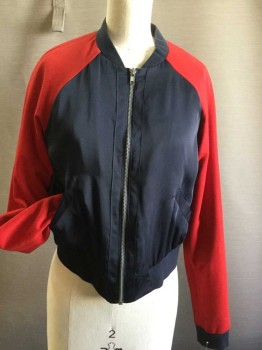 FOREVER 21, Navy Blue, Red, Polyester, Color Blocking, Raglan Sleeve, Bomber, Zip Front, 2 Diagonal Slash Pocket, Rib Knit Collar and Cuffs and Waistband,