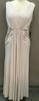 ADRIANNA PAPELL, Lt Beige, Polyester, Spandex, Stripes, V-neck, V-back, Zip Back, Sleeveless, Self Textured, Front Drape, Ruched Center Back and Sides, Grecian/Egyptian Look