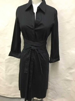 THEORY, Black, Cotton, Spandex, Solid, Collar Attached, Hidden Button Front, Fold Up Long Sleeves, Triangle Attached Waist BELT