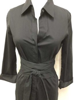 THEORY, Black, Cotton, Spandex, Solid, Collar Attached, Hidden Button Front, Fold Up Long Sleeves, Triangle Attached Waist BELT