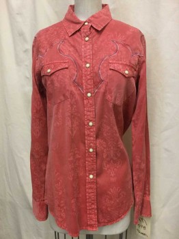 Womens, Shirt, RYAN MICHAEL, Dusty Red, Lt Pink, Purple, Beige, Cotton, Novelty Pattern, B38, M, W34, Dusty Red, Self Novelty Print, Snap Front, Collar Attached, 2 Flap Pockets, Lt Pink/ Purple/ Beige Embroiderred Yolk