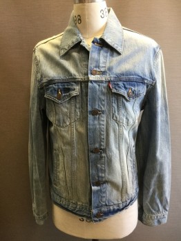 LEVI'S, Lt Blue, Cotton, Solid, B.F., 4 Pckts, C.A., Faded in Areas, Button Tabs Back Waist, Button Cuffs