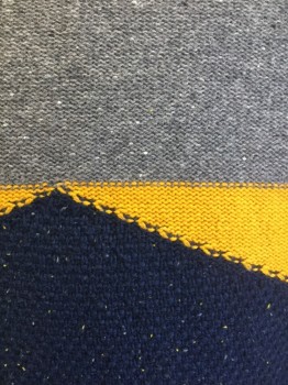 NATIVE YOUTH, Gray, Mustard Yellow, Navy Blue, Acrylic, Wool, Color Blocking, Geometric, Gray with Navy and Mustard Geometric Panels at Front and Sleeves, Knit, Long Sleeves, Crew Neck
