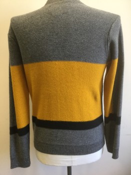 NATIVE YOUTH, Gray, Mustard Yellow, Navy Blue, Acrylic, Wool, Color Blocking, Geometric, Gray with Navy and Mustard Geometric Panels at Front and Sleeves, Knit, Long Sleeves, Crew Neck