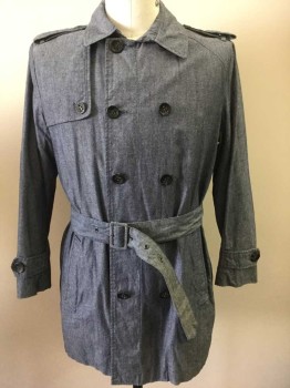 BEN SHERMAN, Denim Blue, Cotton, Chambray Jacket, Button Front, Double Breasted, Button Front, Collar Attached, Epaulets, 2 Pockets, Flap From Right Side Shoulder, Elbow Patches, Button Tab on Cuffs, Self Belt