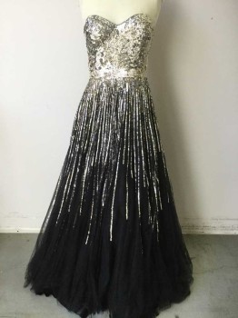 TERANI, Black, Silver, Polyester, Sequins, Strapless Sweetheart, Back Zip, Silver Sequins Over Black Mesh, Black Tulle Skirt with Various Length Silver Sequin Vertical Stripes