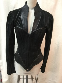 Womens, Sci-Fi/Fantasy Jacket, MTO, Black, Leather, Suede, Solid, Stripes - Shadow, S/M, Black, Texture, Stitched Detail on Collar & Piping Trim  & Piping Texture Stand Collar Zip Front with Large Piping Trim , Back Lace Up, Mended Holes