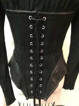 MTO, Black, Leather, Suede, Solid, Stripes - Shadow, Black, Texture, Stitched Detail on Collar & Piping Trim  & Piping Texture Stand Collar Zip Front with Large Piping Trim , Back Lace Up, Mended Holes
