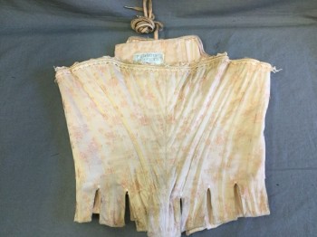 MTO, Peach Orange, Cotton, Floral, 1700's Pale Peach Floral Brocade, Slightly Dirty. Heavy Boned Front, Lacing at Center Back, with Laces. Tabs at Waist