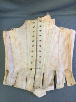 MTO, Peach Orange, Cotton, Floral, 1700's Pale Peach Floral Brocade, Slightly Dirty. Heavy Boned Front, Lacing at Center Back, with Laces. Tabs at Waist