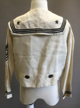 Childrens, Shirt 1890s-1910s, JACK TAR TOGS, Antique White, Black, Linen, Solid, Ch 30, Sailor Shirt, Pullover, Sailor Collar with Black Stitched Stripes, L/S, with Black Stripes on Cuff, Eagle and Stripes Patch on Left Shoulder, 1 Pocket, Black Buttons Waistline, Horizontal Pleat at Front Chest, Aged