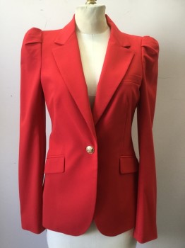 ZARA, Red, Polyester, Viscose, Solid, Single Breasted, Notched Lapel, 3 Pockets, Pleated Sleeve Inset, Gold Buttons