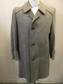 Mens, Coat, Overcoat, FUTTERSTOFF, Beige, Wool, Viscose, 42R, Single Breasted, 4 Buttons, Piping at Shoulder, Top Stitching Details, 2 Pockets, Heathered