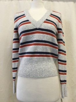 MADEWELL, Lt Gray, White, Navy Blue, Rust Orange, Synthetic, Wool, Stripes, Heathered, V-neck, Long Sleeves, Ribbed Trim