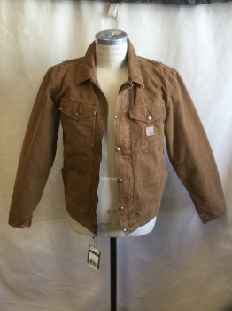 CARHARTT, Caramel Brown, Cotton, Solid, Cotton Duck, Zip/Snap Front,  Collar Attached, 2 Chest Flap Pockets, 2 Large Patch Pockets, Long Sleeves, Pleated Sleeve Seam, Snap Cuff, Curved Lower Back Hem Panel, Fleece Lined