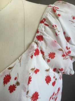 REFORMATION, White, Red, Coral Orange, Brown, Polyester, Floral, White with Red/Coral Flowers with Brown Leaves Pattern, Sheer Crepe, Cap Sleeves, Scoop Neck, Shirtwaist, Flared Skirt with Hem Above Knee, Invisible Zipper in Back, Retro 1990's Look