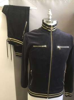 INC, Black, Gold, Cotton, Polyester, Solid, Velour, Black with Gold Metallic Stripes on Neck Band/cuffs/waist, Gold Zip Front, Zip Pockets