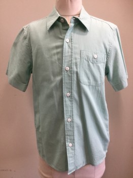 OLD NAVY, Mint Green, Cotton, Solid, Button Front, Collar Attached, Short Sleeves, 1 Pocket, Self Stripe Textures, Double