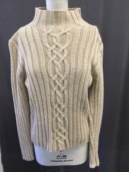 LL BEAN, Tan Brown, White, Cotton, Solid, Heathered Tan, Ribbed Mock Neck, Cable Knit