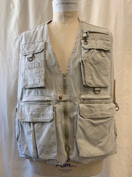 Mens, Wilderness Vest, EDDIE BAUER, Putty/Khaki Gray, Cotton, Solid, L, Fishing Vest, Zip Front, Multiple Cargo and Zip Pockets, 1 Large Pocket in Back
