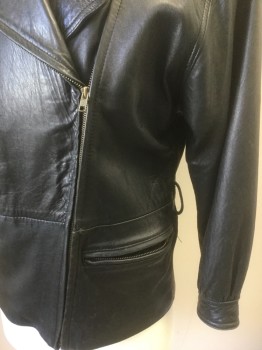 Mens, Leather Jacket, LUIS ALVEAR, Black, Leather, Solid, S, Asymmetric Zip Front, Notched Lapel, Heavily Padded Shoulders, 3 Pockets, **Has Some Wear at Shoulders