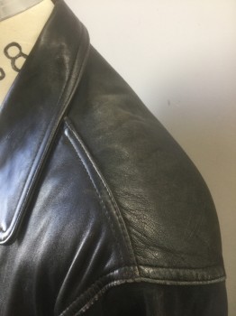 Mens, Leather Jacket, LUIS ALVEAR, Black, Leather, Solid, S, Asymmetric Zip Front, Notched Lapel, Heavily Padded Shoulders, 3 Pockets, **Has Some Wear at Shoulders