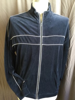NORM THOMPSON, Navy Blue, Silver, Cotton, Polyester, Solid, Stripes - Horizontal , Jacket:  Collar Attached, Zip Front, 2 Silver Piping Horizontal Stripes Front & 1 on Long Sleeves, 2 Pockets, Silver Piping Stripe Along Zip Front,