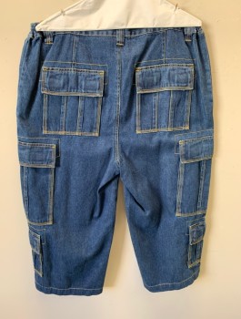 Womens, Capri Pants, LARGE & IN CHARGE, Denim Blue, Cotton, Polyester, 34-38, XL, H:46, Denim Cargo Jorts, Elastic at Sides of Waist, High Waisted, Baggy Legs Just Below Knee Length, 6 + Pockets/Compartments, Tan Top Stitching