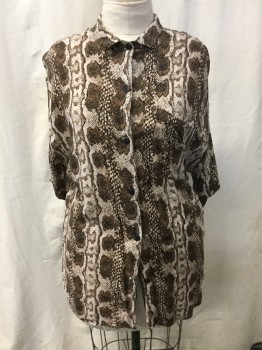 OVER & UNDER, Beige, Brown, Black, Rayon, Reptile/Snakeskin, Short Sleeves, Button Front, Collar Attached, 1 Pocket, Oversized