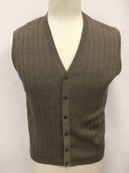 BRANDINI, Brown, Wool, Solid, Ribbed Knit Cardigan, V-neck, Ribbed Knit Placket, Armholes