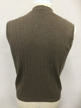 BRANDINI, Brown, Wool, Solid, Ribbed Knit Cardigan, V-neck, Ribbed Knit Placket, Armholes