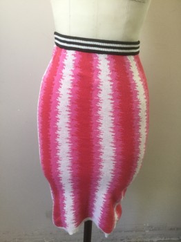 TOPSHOP, Paprika Red, Hot Pink, White, Black, Cotton, Nylon, Stripes - Vertical , Abstract , Shades of Pink and White Abstract Vertical Stripes, Lightweight Knit, Black and White Rib Knit 1" Wide Waistband, Pencil Skirt, Hem Below Knee